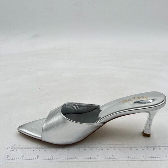 Milooey Silver shoes Women's Comfy Kitten Heel Mules Open Pointed Toe Sandals - Picture 1 of 7